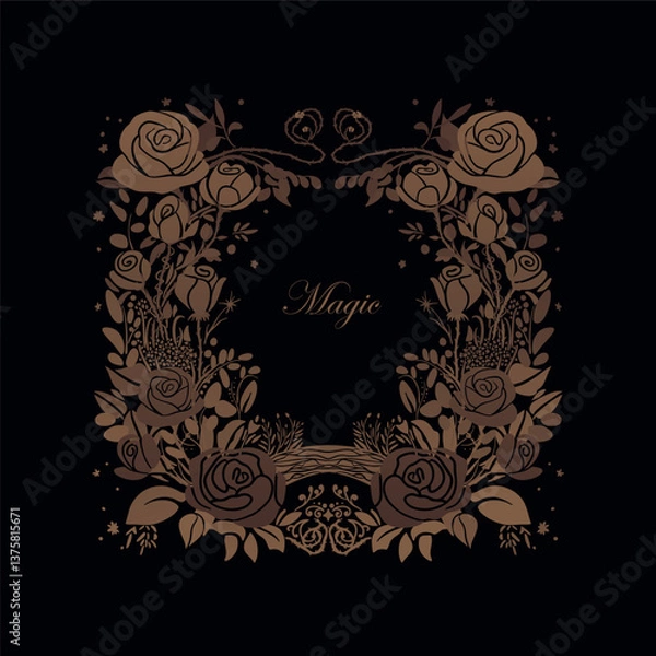 Fototapeta Two-color fairy tale vector frame with wild roses with thorns and constellations. Cover for children's book. Magic and enchantment. Enchanted and magical garden. Spells and curses. Fables and fairy ta