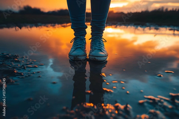 Fototapeta A pair of boots reflected in a puddle during a fiery sunset, symbolizing adventure, simplicity, and the beauty of small moments in nature.