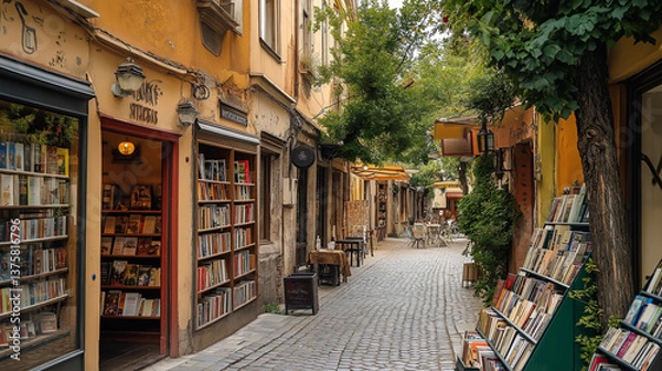 Obraz A vintage European street lined with charming bookstores