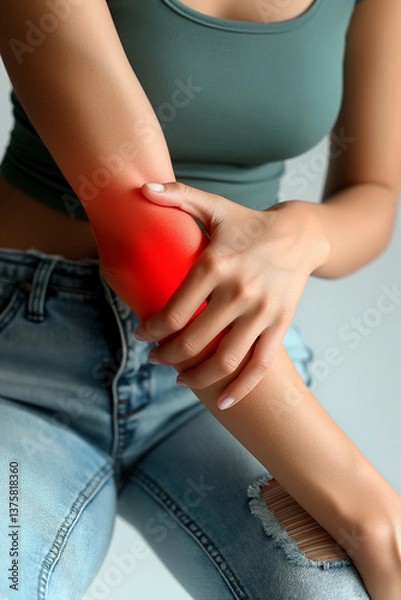 Obraz The woman holds her elbow, from which a visible red pain is radiating.