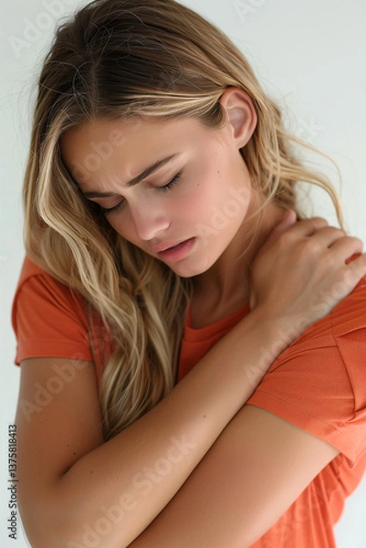 Fototapeta Portrait of a young woman with her arms crossed on her chest and a frown.