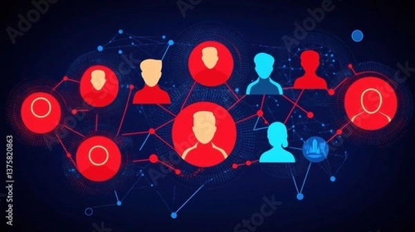 Fototapeta Abstract Digital Network Red and Blue Pixel Art Nodes Connected on Dark Background
