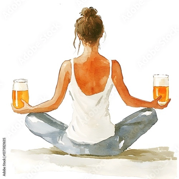 Fototapeta Serene Woman in Lotus Pose Meditating with Two Glasses of Beer. A watercolor painting showcasing mindfulness and relaxation.
