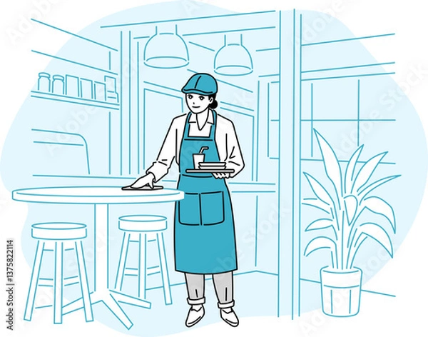 Obraz カフェ・飲食店　テーブルを拭くエプロン姿の店員の立ち姿