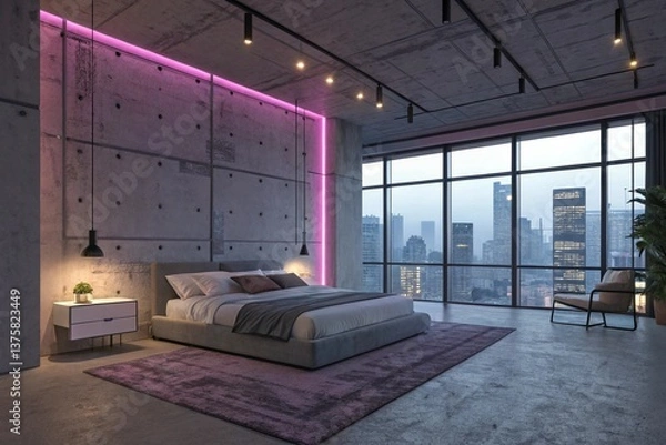Obraz A modern loft-style bedroom featuring exposed concrete, soft neon lighting, and a minimalist design. Ideal for architecture and interior concept visuals
