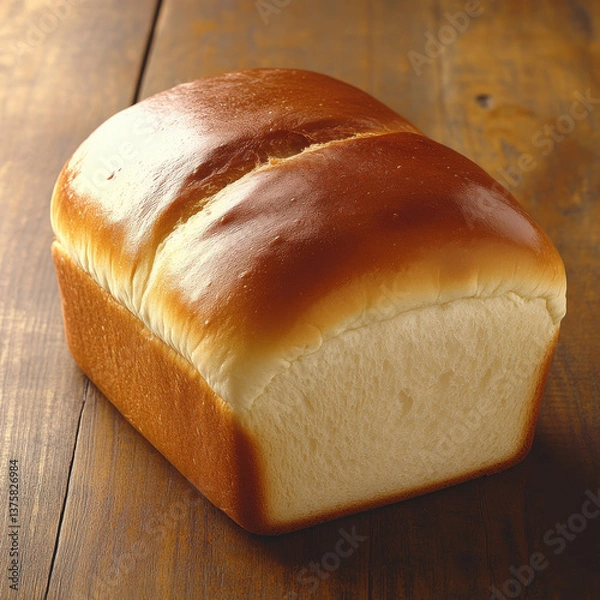 Obraz a freshly baked, golden-brown loaf of bread sits on a natural wood table. Its rich, crusty texture