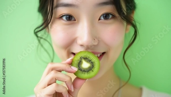 Fototapeta Woman smiles while holding a kiwi slice on a green background, perfect for promoting healthy eating or skincare products. Ideal for websites, social media, and advertisements.