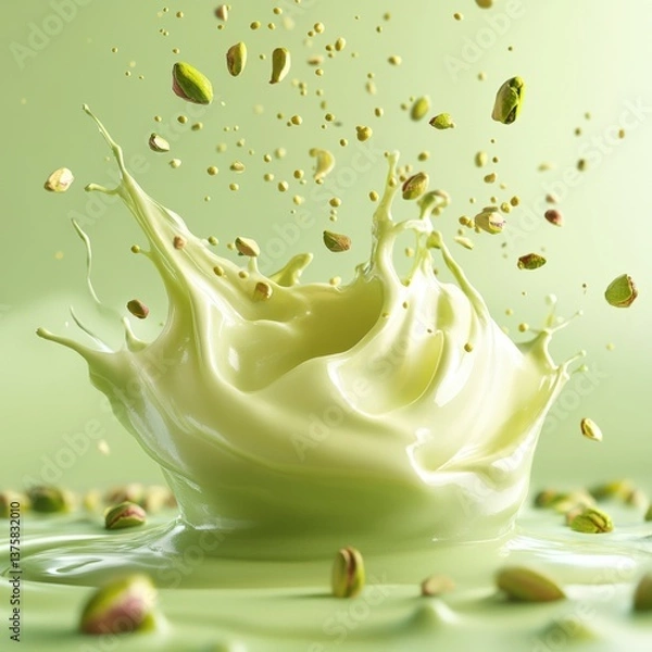 Obraz A vibrant splash of green liquid with pistachio pieces, creating a dynamic and refreshing visual.
