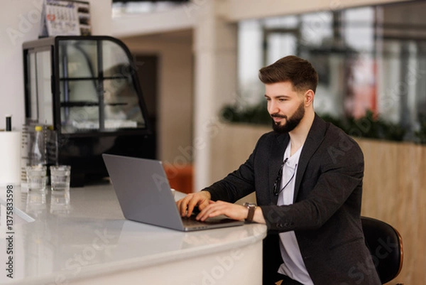 Fototapeta Portrait of a business man sitting in an office working on laptop