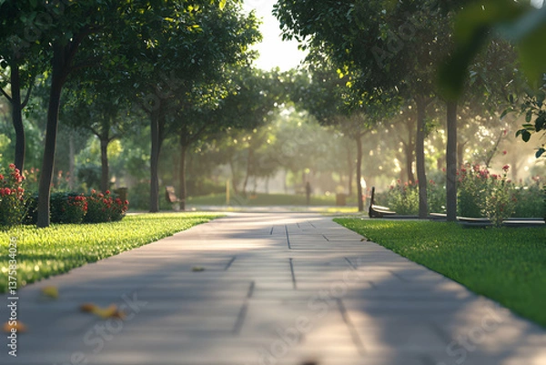 Fototapeta Peaceful park walkway lined with trees and morning sunlight streaming through the leaves.