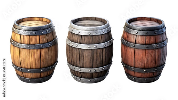 Obraz Barrels Set of Three Different Poses on Transparent Background for Farm Branding, Rustic Decor, or Industrial Design
