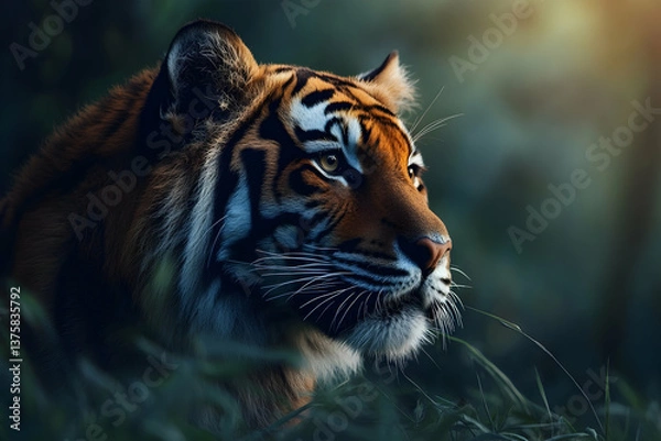Fototapeta A fierce tiger prowls through the jungle under soft light, its intense gaze and vivid stripes radiating wild strength and mystery.