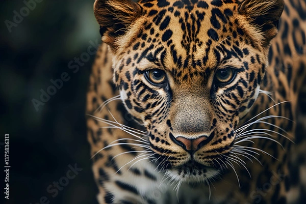 Fototapeta Intense close-up of a leopard’s face, showcasing raw strength, focus, and the beauty of a jungle predator.