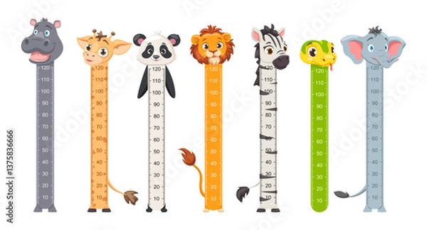 Fototapeta Children Growth Meter. Kid height measurement, chart with animals Giraffe, Panda, Lion, Zebra, Snake, Elephant.