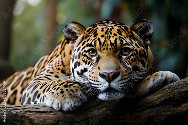 Fototapeta Relaxed jaguar resting on a branch in the jungle, capturing a rare moment of calm and feline elegance.