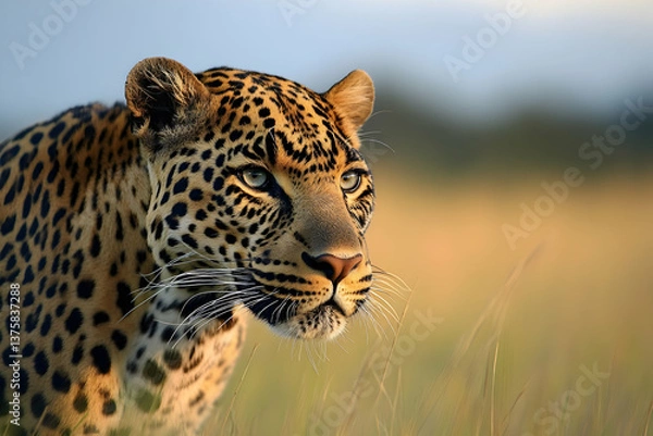 Fototapeta Focused leopard prowling through tall grass under golden sunlight, capturing the essence of stealth and elegance.