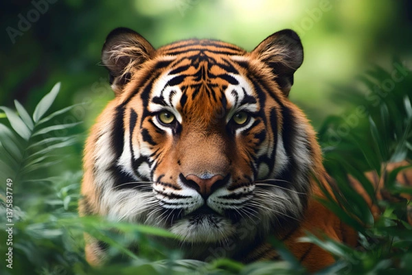 Fototapeta Majestic tiger staring through jungle foliage with intense eyes, symbolizing wild power and natural beauty in its habitat.