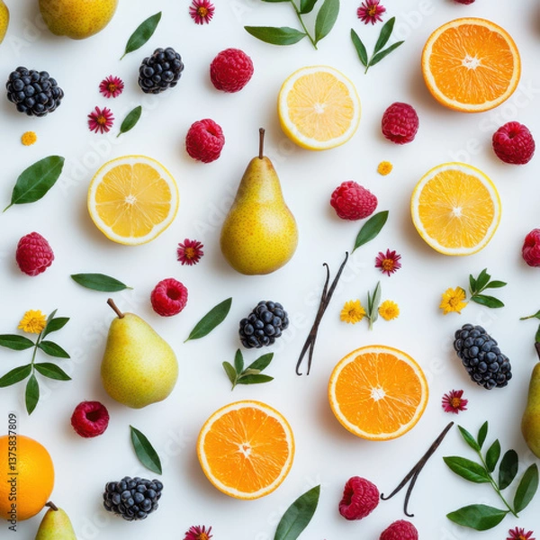 Fototapeta fruit composition, fruit whole and cut, with leaves and stems, pears, peaches, apples, oranges, lemon, strawberries, raspberries, grapes, vanilla sticks and flowers, 