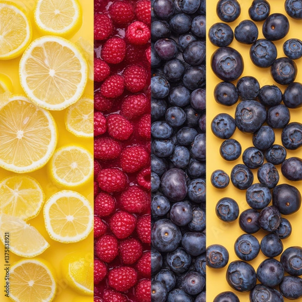 Fototapeta scattered lemon slices, 3rd scattered sliced ube and 4th scattered blueberries 