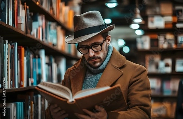 Fototapeta Stylish man reading a book in a cozy library setting with warm lighting, representing knowledge, education, and intellectual lifestyle.