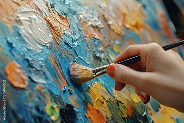 Fototapeta A hand holds a brush applying paint to a canvas artwork