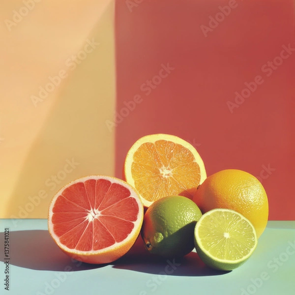 Fototapeta retro 1960s pop art minimalist citrus fruits with oranges limes and grapefruit still life photograph