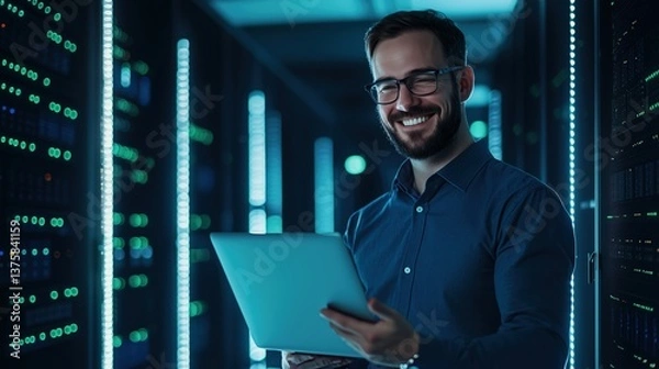 Obraz IT Specialist Smiling in Data Center While Managing Cloud Computing