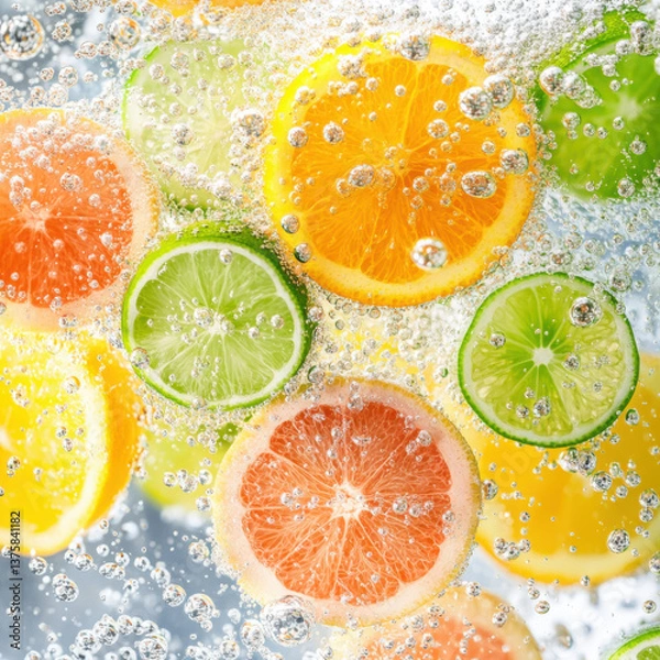 Fototapeta refreshing tropical-themed design featuring sparkling water bubbles in the foreground,