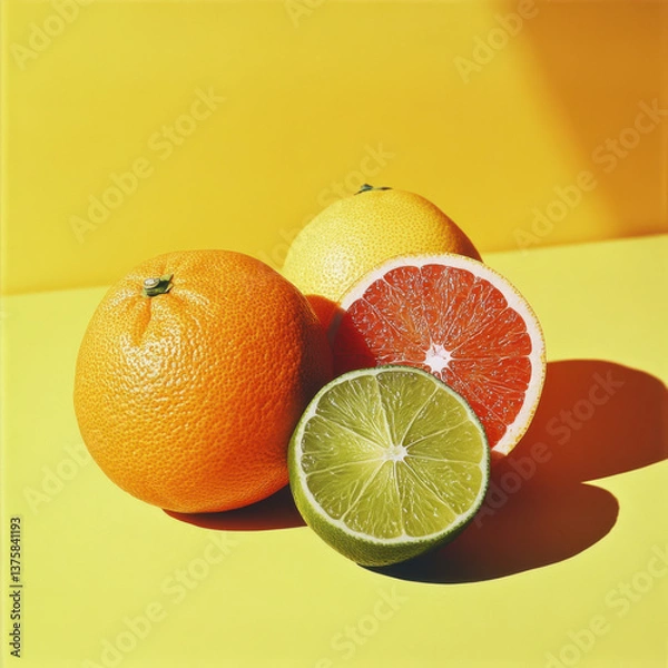 Fototapeta minimalist citrus fruits with oranges limes and grapefruit 
