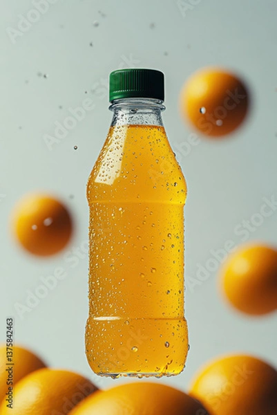 Fototapeta Yellow juice bottle tilted in the air, in front of a clean white background, green aluminum 