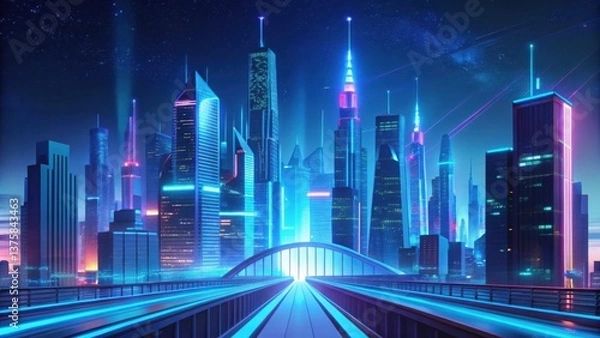 Fototapeta A futuristic skyline illuminated by neon lights, showcasing modern architecture and a vibrant atmosphere. Copy space, commercial use