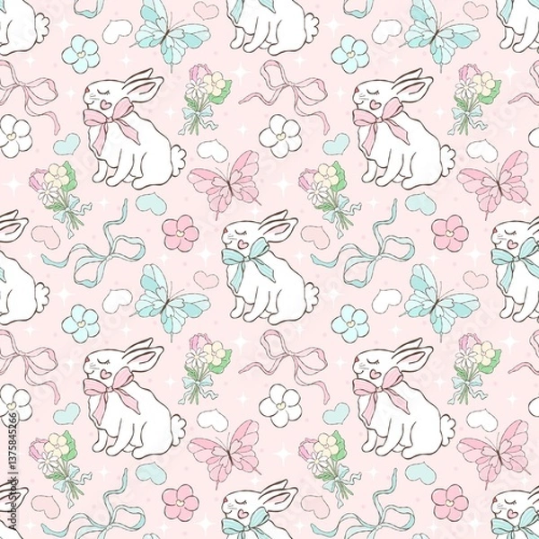 Fototapeta Coquette Bunny And bows. Easter pattern. Cottagecore Bunny Digital paper.