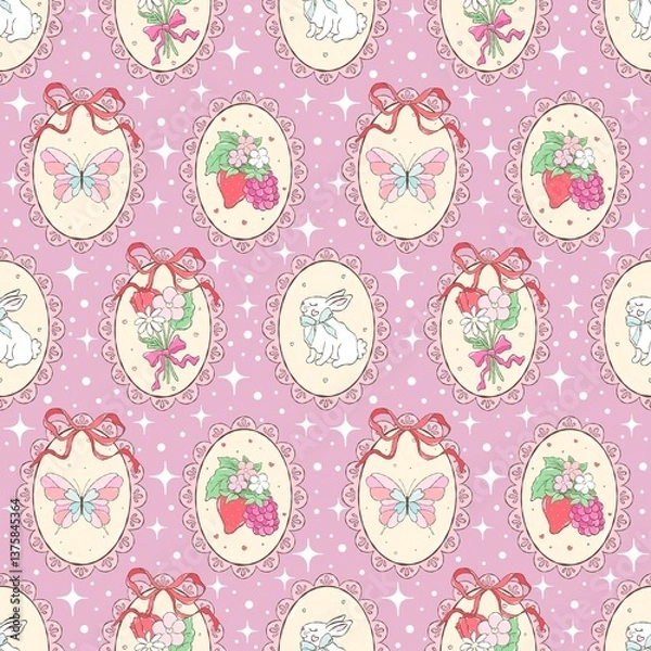 Fototapeta Vintage Cameo Easter Pattern. Coquette Lace Frame Pattern. Romantic Spring Oval Frames