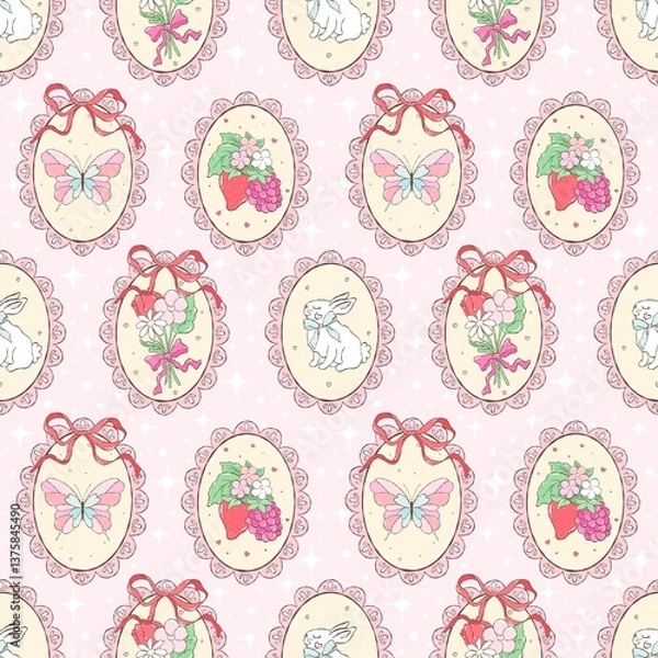 Fototapeta Vintage Cameo Easter Pattern. Coquette Lace Frame Pattern. Romantic Spring Oval Frames