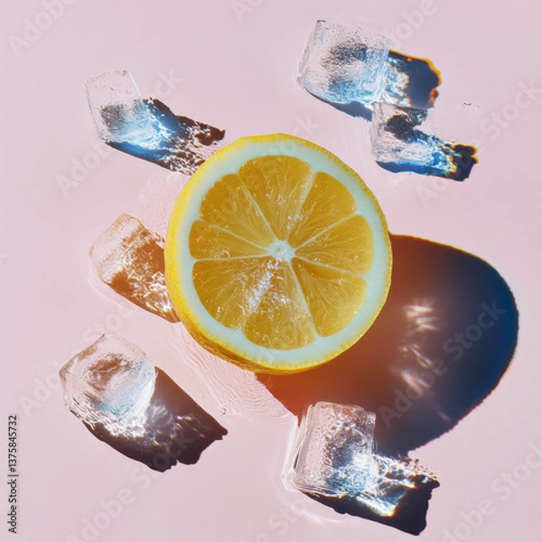Fototapeta fresh lemon floating in a liquid with ice cubes.