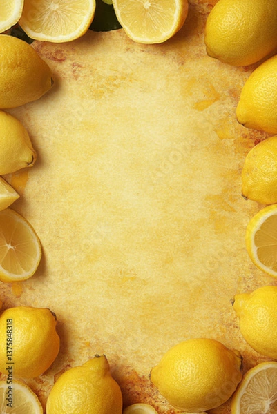 Fototapeta a yellow background with cut and full lemons in the corners