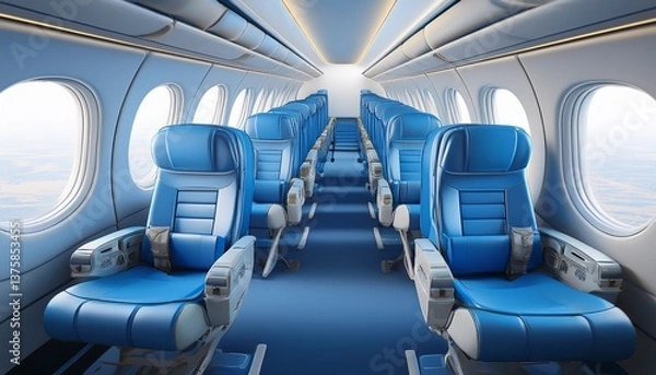 Fototapeta Modern blue airplane seats arrangement in different configurations. 3D Rendering. Generated image