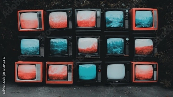 Fototapeta Multiple vintage televisions display vibrant images in an urban art installation