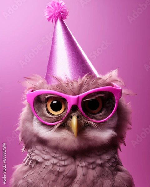 Fototapeta Cute birthday party invitation with happy owl wearing pink glasses and a party hat, against a solid color background in a purple color scheme.