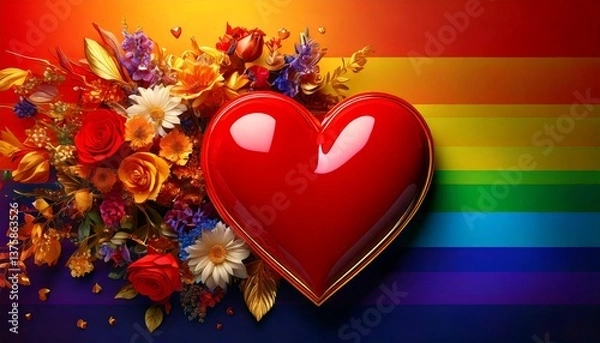 Fototapeta Red heart and flowers celebrating lgbtq+ pride on rainbow background