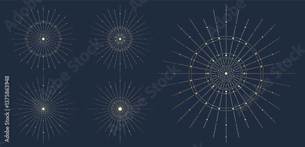 Fototapeta Hand drawn silhouette of gold star, sunburst, planet, light rays. Bohemian symbol bursting sun ray. Magic cosmic talisman, antique style, boho, logo. Vector illustration on blue background