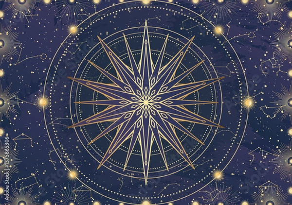 Fototapeta Card of golden star, sunburst, light rays, Sun. Constellation celestial space. Zodiac horoscope symbol, astrology talisman, spiritual sign, mystical icon, emblem. Magic galaxy vector illustration
