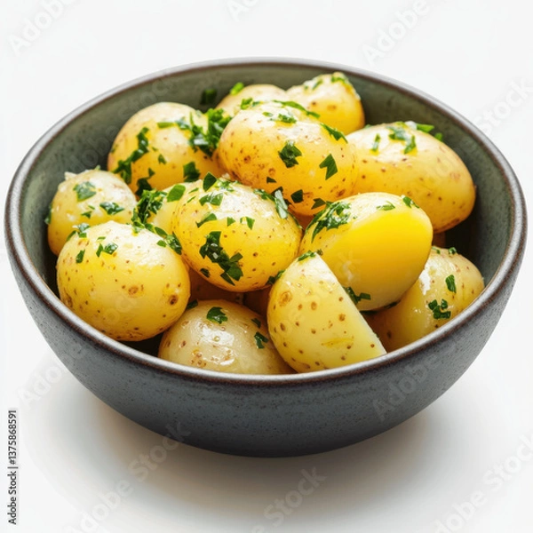 Fototapeta boiled potatoes with parsley in the bowl on a white background