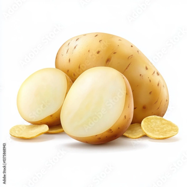 Fototapeta cut potato and potato chips on solid white background 