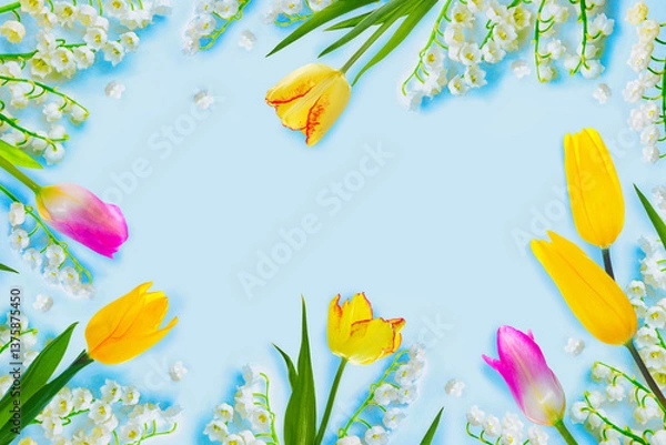 Fototapeta Festive natural composition of spring flowers lilies of the valley and tulips.