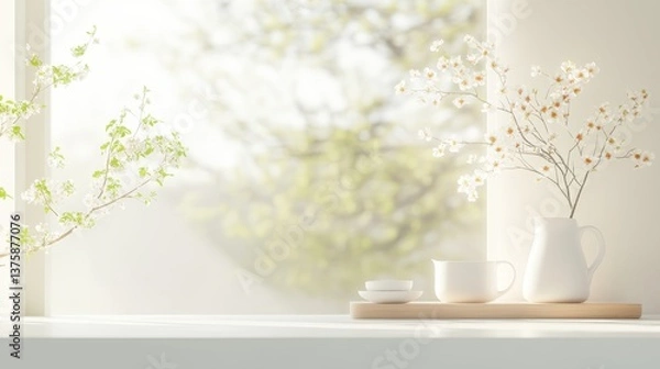 Fototapeta White ceramic vase with blooming white flowers and green leaves placed beside a white cup and saucer on a light - colored windowsill, with soft sunlight filtering through the window.