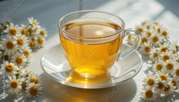 Fototapeta A glass teacup filled with bright yellow chamomile tea, placed on a white ceramic saucer with delicate chamomile flowers arranged around it