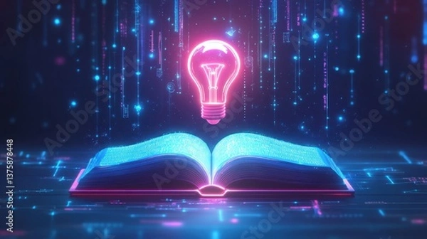 Fototapeta Futuristic Digital Book with Glowing Lightbulb Conceptualizing Knowledge and Innovation