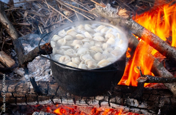 Obraz dumplings are boiled in a pot over a fire