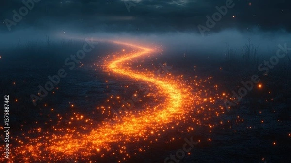 Fototapeta Mysterious fiery path through misty field at twilight